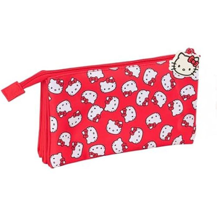 Safta Hello Kitty Trousse Triple Rouge - Trousse Scolaire Officielle Pour Enfants Et Adolescents, 22x6x8,5 Cm