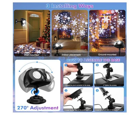 Projecteur Flocons De Neige Double Tête Étanche IP65 - Rotation 180° - Pour Jardin, Façade, Noël - Télécommande Incluse
