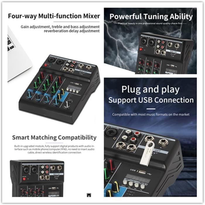 Table De Mixage DJ 4 Canaux Avec Bluetooth Et Alimentation Fantôme 48V - Compatible USB, Monitoring Intégré