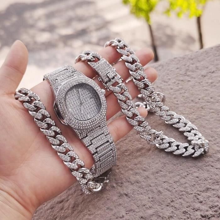 3 pi ces de joailleries bling bling pour hommes collier montre