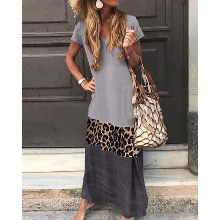 Minetom Femme Robe Longue Manches Courtes Grande Taille Robes de Plage Col en V Casual Boho Robes Tie Dye Maixi de Soiree Printemps C gris Cdiscount Pret a Porter