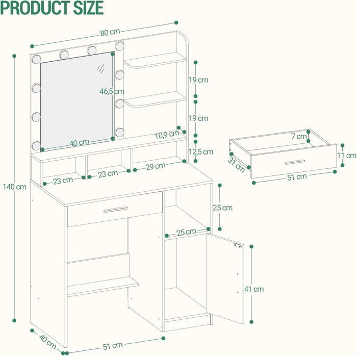 Grande Coiffeuse Avec 10 Lumières LED, Miroir Et Tabouret, Meuble