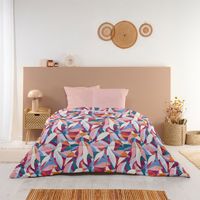 Couette Imprimée Bleu Câlin Omara 140x200 Cm - Microfibre Chaude 350g/m² - Fabriqué En France - Bleu Paon/beige