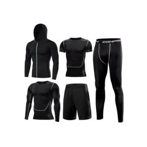 ENSEMBLE DE SPORT Ensemble de vêtements de fitness compression 5 pièces pour homme - Noir et blanc - Manches courtes - Respirant