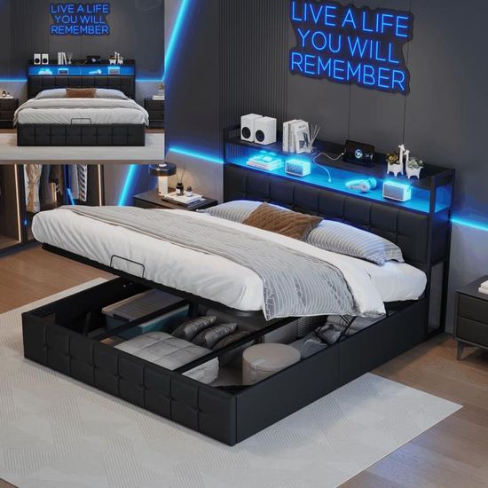 Litcoffre140x190-SUNFECILI-Noir-Avecsommier-LED-Capacité300kg