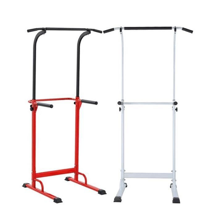 Power Tower Barre de Traction Ajustable Station Musculation Dips Station Chaise Romaine - Noir et Rouge