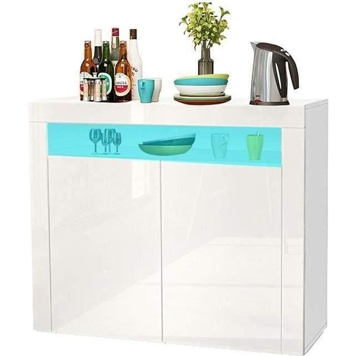 Dripex Buffet Bas LED Contemporain Blanc Laqué Brillant - L 100 cm x 40 cm x 92 cm - 2 portes, Armoire de Rangement