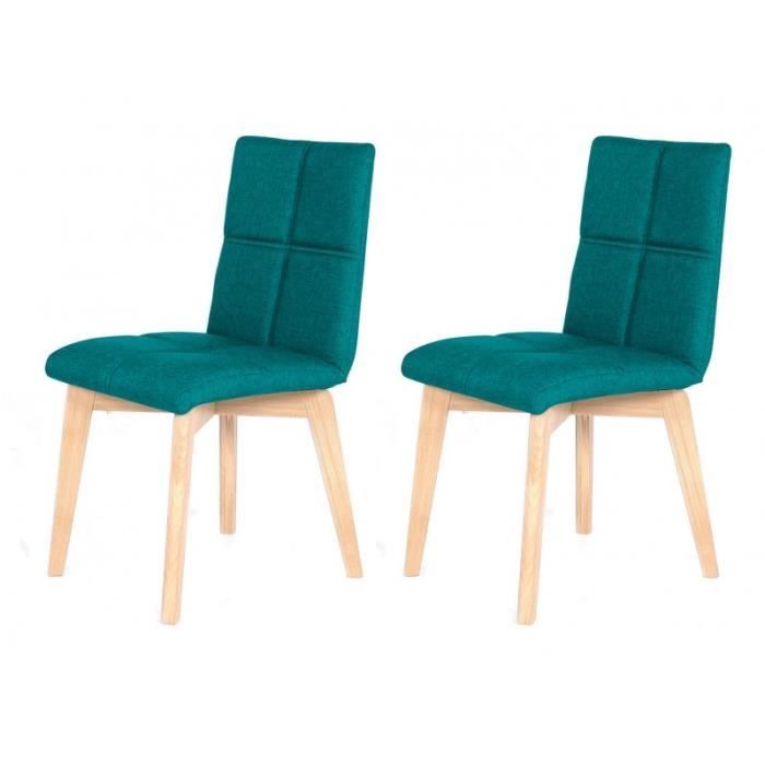Lot 2 CHAISE scandinave tissu bleu turquoise robuste - pieds bois clair - LEA