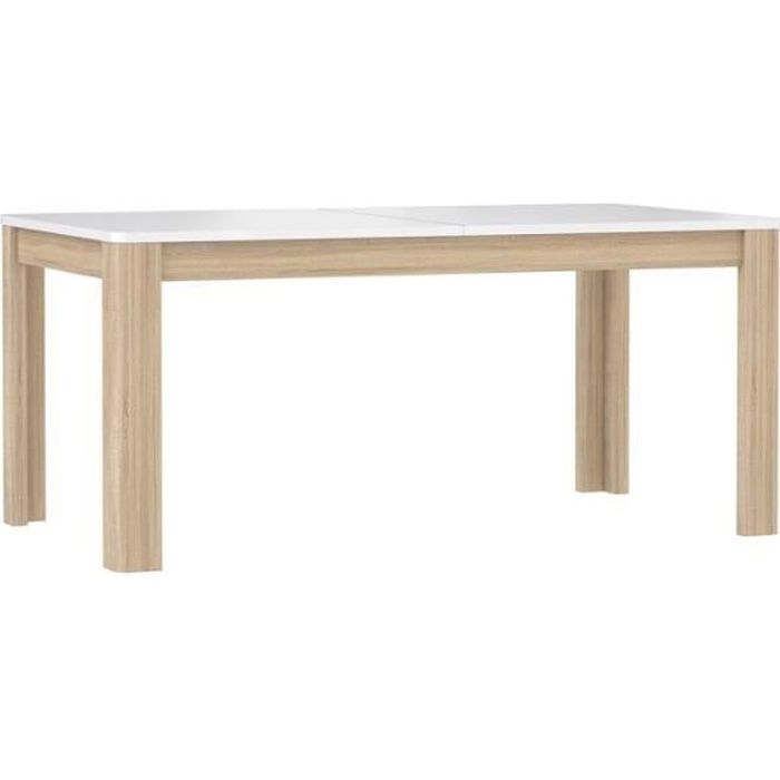 Table de repas extensible 160 cm, plateau blanc laqué et piétement bois naturel - Collection ALEXIANE