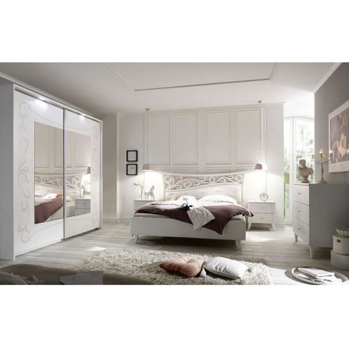 Chambre complète 160x200 Blanc - ESMERALDA n°1 - Blanc - Bois - Lit : L 183 x l 211 x H 116 cm - Armoire : L 229 x l 64 x H 216 cm