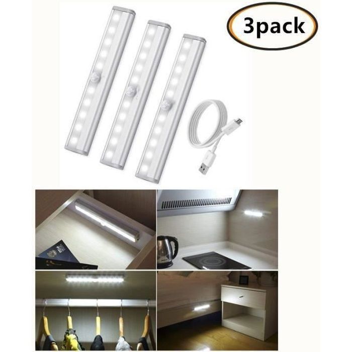 3pcs Lampe Détecteur de Mouvement, Lampe de Placard, USB Rechargeable Veilleuse LED,10 LED Lampe Escalier-Blanc,pour Cabinet Pender
