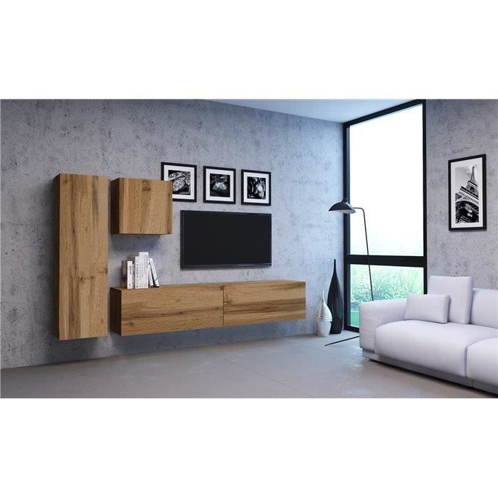VIVIO - Ensemble meubles TV à suspendre salon - 4 éléments - Mur TV avec rangements - Unité murale style moderne - Aspect bois -