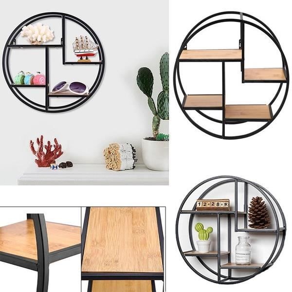 Etagère murale ronde 4 niveaux bois et métal design industriel Étagère Rangement Pour Maison - 37x37x14 cm-GAR