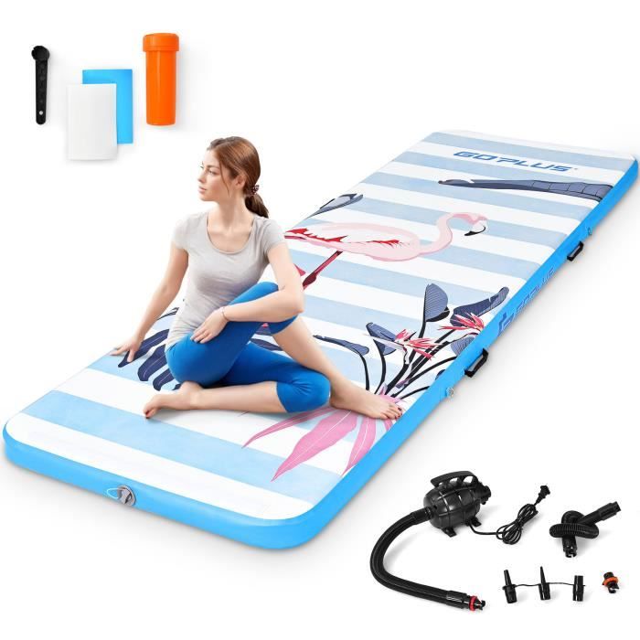 COSTWAY Tapis de Gymnastique Gonflable 300x100x10CM Étanche avec Pomp à Air 500W Kit de Réparation Sac Portable pour Yoga Bleu