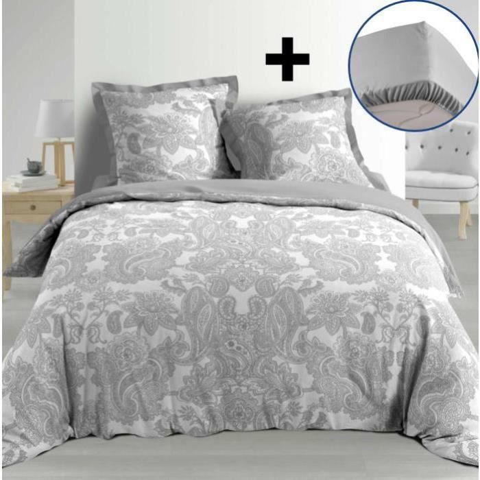 CDaffaires Pack parure de couette 220x240 cm 100% percale Kashmina + drap housse 140x190 cm Gris