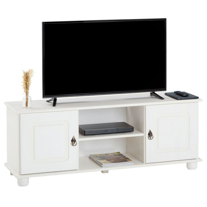 Meuble TV BELFORT banc télévision de 134 cm en bois style campagne avec 2 portes et 2 niches, en pin massif lasuré blanc