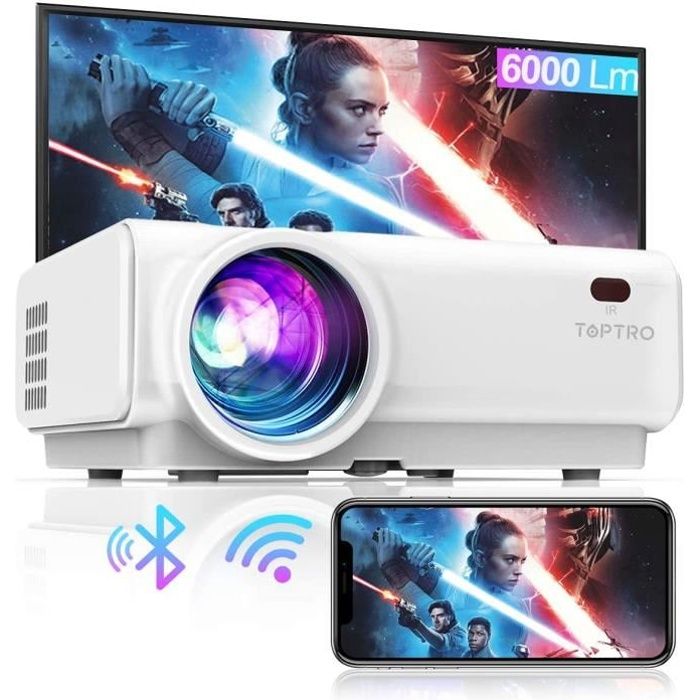 Vidéoprojecteur WiFi, TOPTRO 6000 Lumens Bluetooth Mini Projecteur Portable Soutien Full HD 1080P Rétroprojecteur Home Cinéma, Zoom