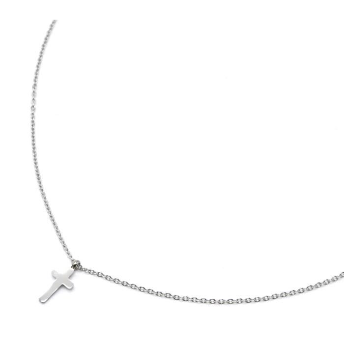 CC3595b - Collier Fine Chaîne Pendentif Croix Acier Argenté