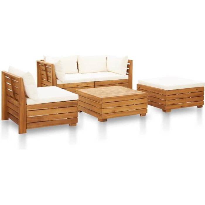 vidaXL Salon de jardin 5 pcs avec coussins Acacia solide Blanc crème