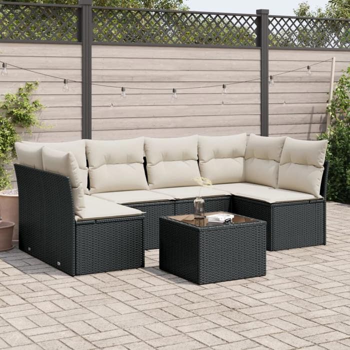 vidaXL Salon de jardin 7 pcs avec coussins noir résine tressée 3217396