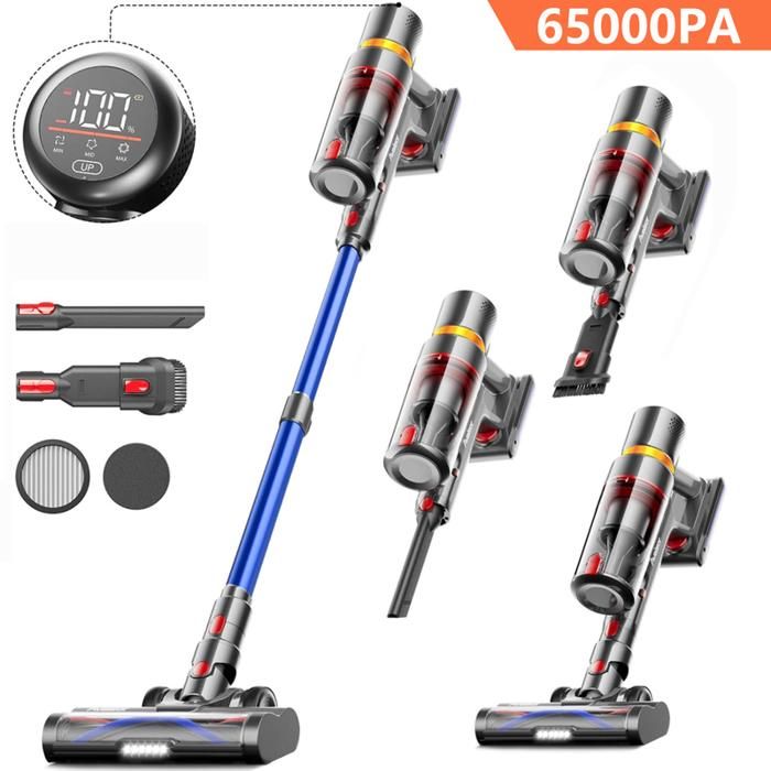 Aspirateur Balai Sans Fil silencieux 65000 Pa/670W/60 Mins/150 AW OLED Écran Batterie amovible Interrupteur à gâchette