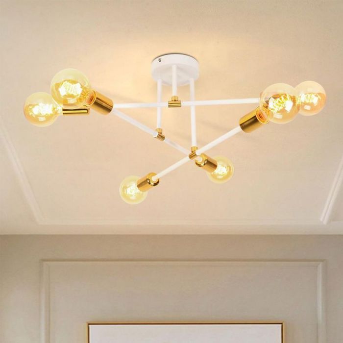 WOTTES Plafonnier Industriel 6 Lumières Lustre Vintage Blanc et cuivre Suspension Luminaire Plafonnier Industrielle pour Cuisine
