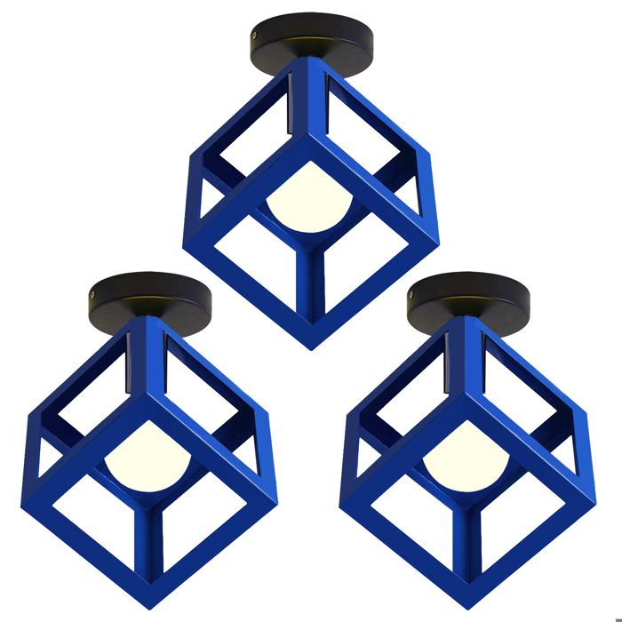 SNOGOLD 3PCS Plafonnier E27 Luminaire Moderne Lustre Abat-jour Ø16cm Forme de Cube Bleu en Métal Éclairage pour Chambre Salon