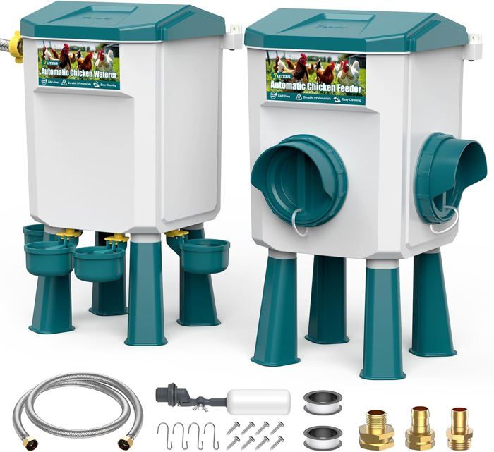 Mangeoire Et Abreuvoir Automatiques Pour Poules CHAMUTY 7 Litres - Avec Pieds, Flotteur Et Tuyau Inox 1,5 M