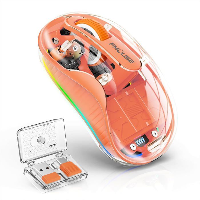 Souris Sans Fil Transparente Double Bluetooth et 24 GHz pour Plusieurs Appareils Récepteur USB-CSilencieuse Orange