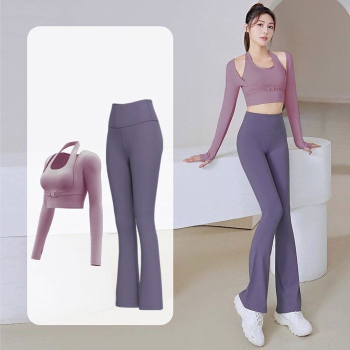 Vêtement de Sport Femme 2 Pièces Ensemble de Yoga T-shirt Halter et Legging Tenue de Sport Pour Gym Fitness - Rose Violet