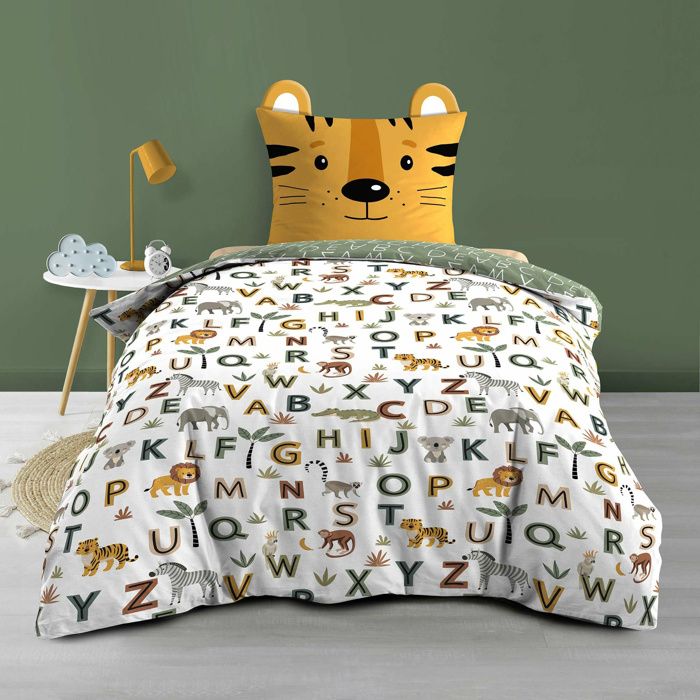 Parure de lit enfant TIGRY 140x200 cm – 100% coton – 1 taie tête de tigre – Réversible alphabet & jungle