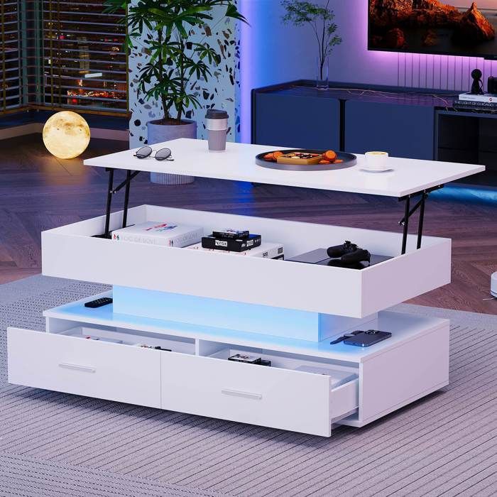 Table basse LED avec plateau relevable 100 x 50 x 44 cm Table de salon avec 2 tiroirs et espace de rangement caché - Blanc
