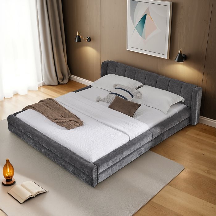Lit double 140×200cm Chenille coussinette confortable châssis robuste en eukalyptus et en fer simple à monter Gris foncé (san