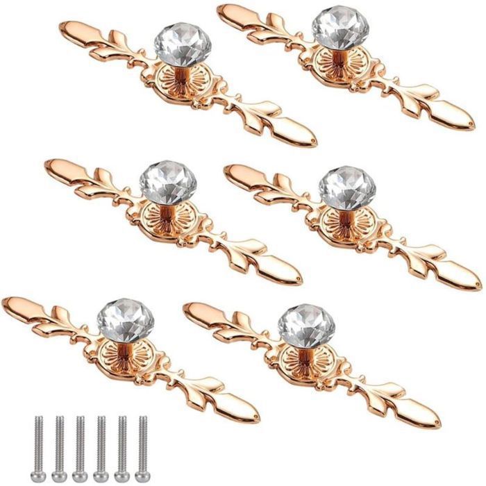 Bouton de Porte Diamant 6 Pièces Boutons de Porte en Cristal Doré Bouton de Meuble Poignee de Meuble Diamant Boutons en Cristal de