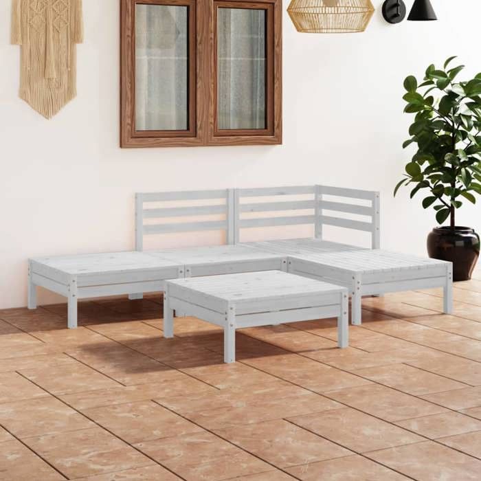 NEW 2026 Salon de jardin lot de 5 Meuble pour 4 personnes Bois de pin massif Blanc 63.5x63.5x62.5 cm S1068