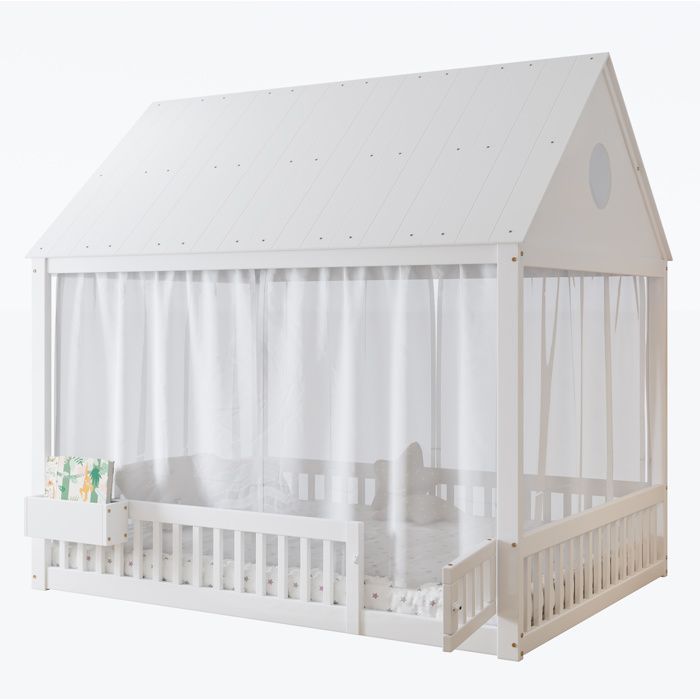 Lit enfant cabane 140x200 cm au sol - sommier à lattes barrières de sécurité et petite porte - bois blanc
