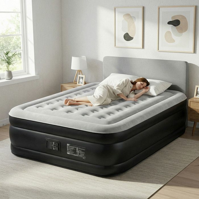 Matelas Gonflable 2 Personnes Pompe Électrique Intégrée,avec dessus floqué doux pour camping maison invités ,Gris et noir Matelas Gonflable 2 Personnes Pompe Électrique Intégrée,avec dessus floqué doux pour camping maison invités ,Gris et noir