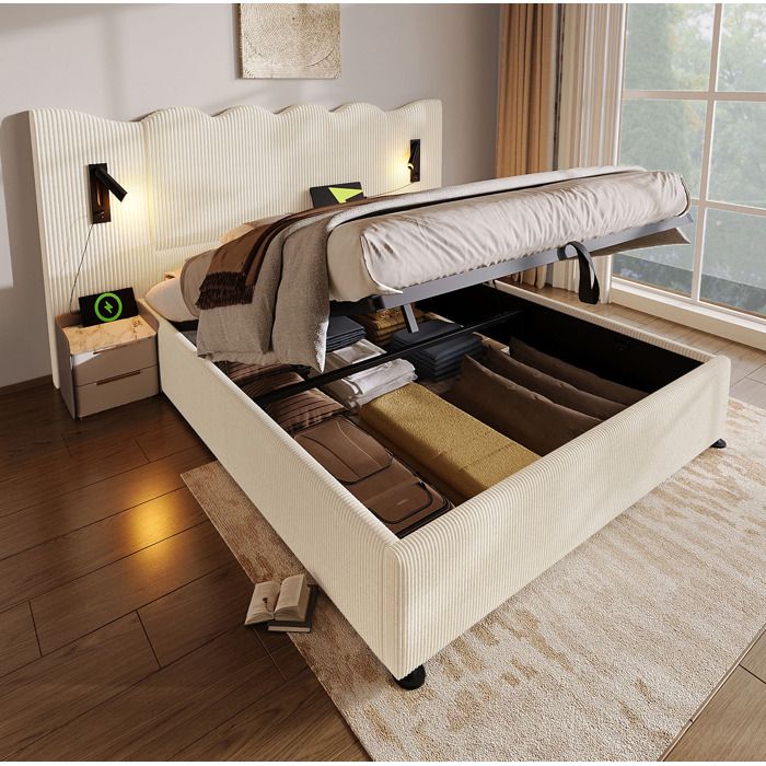 Lit double 180 × 200 cm en tissu côtelé avec lampe de lecture et USB-C beige