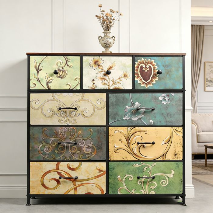 Commode 9 Tiroirs en Tissu - Commode de Chambre - Meuble de Rangement avec Structure en Métal - Meuble Salon Rangement -Multicolore