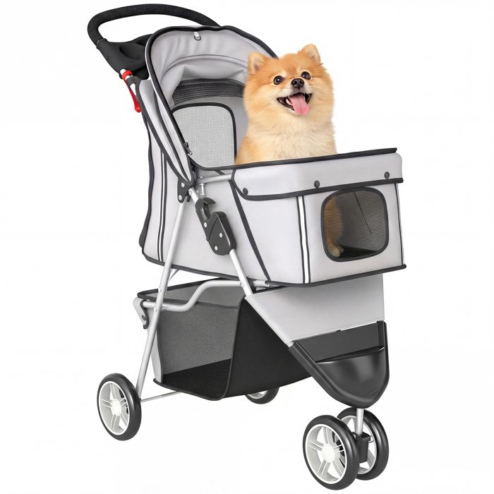 Poussette pour chien - PawHut - pliable 4 roues avec auvent réglable panier rangement - tissu oxford - 77x44x102cm - gris Poussette pour chien - PawHut - pliable 4 roues avec auvent réglable panier rangement - tissu oxford - 77x44x102cm - gris