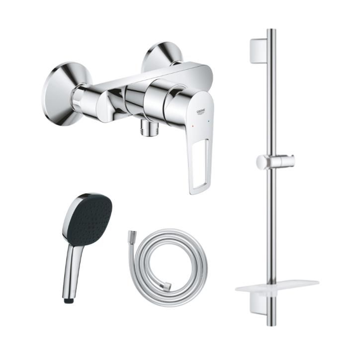 Grohe Pack mitigeur douche mécanique StartLoop + Douchette Vitalio Comfort 110 + Barre Quickflix Vitalio Smartactive + Flexible