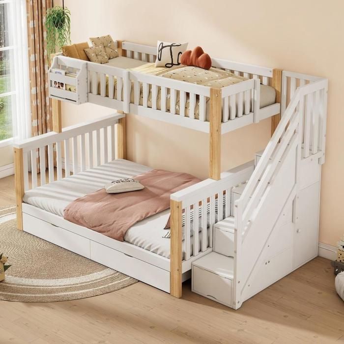 Lit superposé enfant - KOMHTOM - avec rangements - Bois massif - 90 x 200 cm - Escalier de rangement