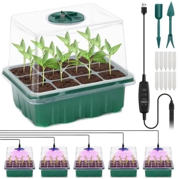 Lot de 5 Mini Serre de Jardin - 60 cellules - Plateau de démarrage pour serre avec Lampe À Spectre Complet pour Semis