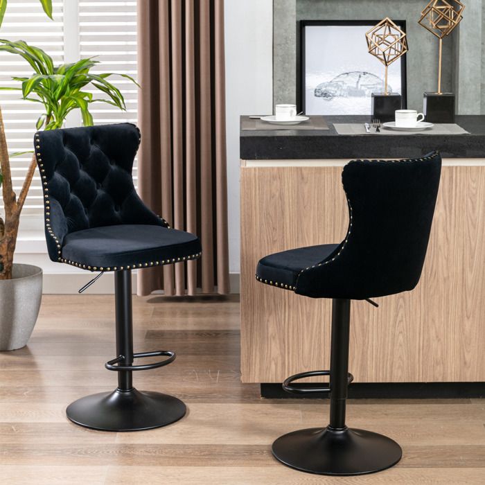 Lot de 2 Tabourets de Bar en Velours - Hauteur Réglable Pivot 360° Dossier Confort Pieds Métal Doré Pour Cuisine Comptoir Bar