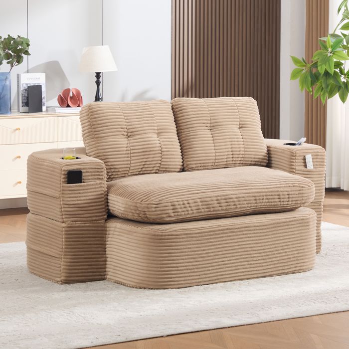 Canapé lounge convertible 2-en-1 165x97x90 cm accoudoirs amovibles 2 porte-gobelets dossier haut velours côtelé kaki