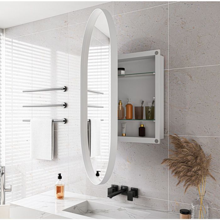 Meuble miroir Armoire à pharmacie ovale avec 2 Étagères réglables encastrable ou murale - MEUNIQ - Salle de Bain Blanc