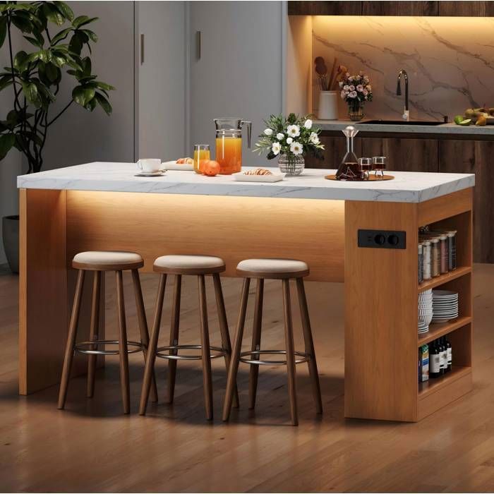 ilot central de cuisine SENVIRO 155 x 80 x 90 cm LED 2 prises AC 2 ports USB 3 etageres ouvertes MDF
