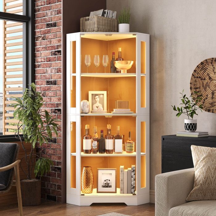 Vitrine d’angle 40 x 40 x 165 cm avec LED App4 portes en verre trempéétagères réglablesblanc