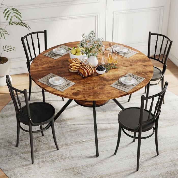 Table à manger ronde - 120x120x79cm - Table de Cuisine pour 4 à 6 Personnes en Bois et Métal - Marron Rustique