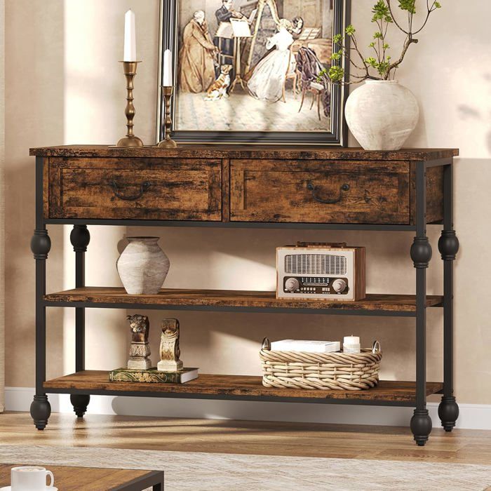 Console 41″ 2 tiroirs industriel deux étagères exposition marron salon couloir table latérale